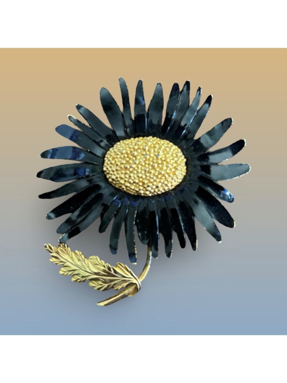 Vintage Marvella Black Enamel & Gold-Tone Sunflower Brooch Pin